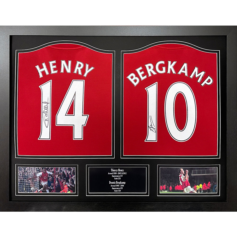 Słynni piłkarze koszulki w ramkach Arsenal FC 2020-2021 Bergkamp & Henry Signed Shirts (Dual Framed)