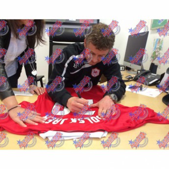Słynni piłkarze piłkarska koszulka meczowa Manchester United FC Solskjaer 1999 Signed Shirt