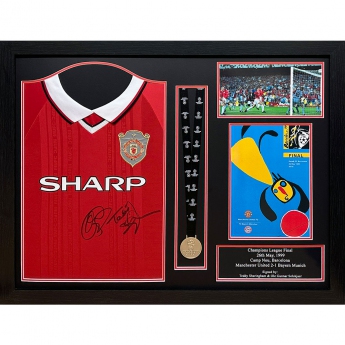 Słynni piłkarze koszulki w ramkach Manchester United FC 1999 Solskjaer & Sheringham Signed Shirt & Medal (Framed)